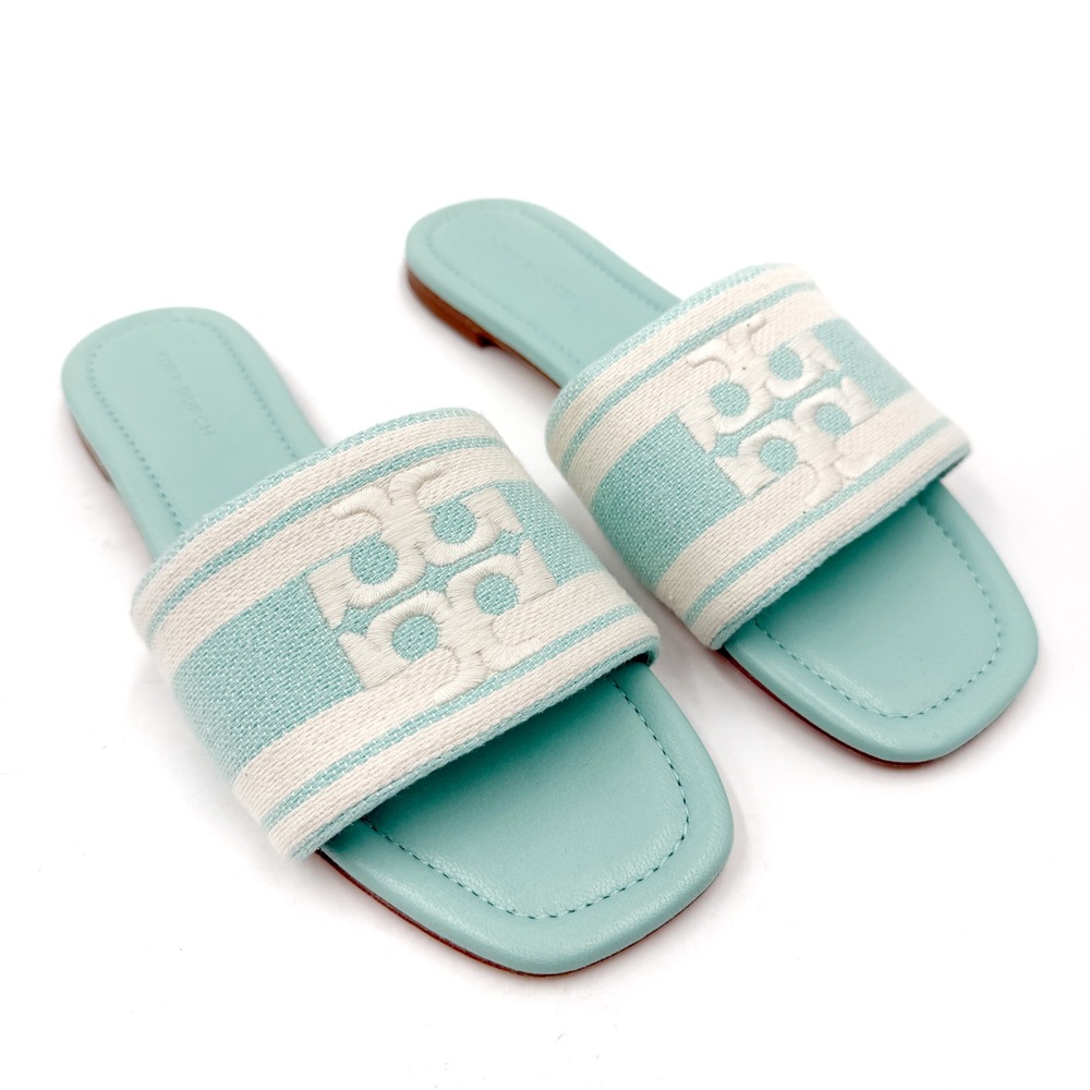 Tory Burch Double T Slide Sandals Turquoise Blue Jacquard Striped Logo Slides 6
